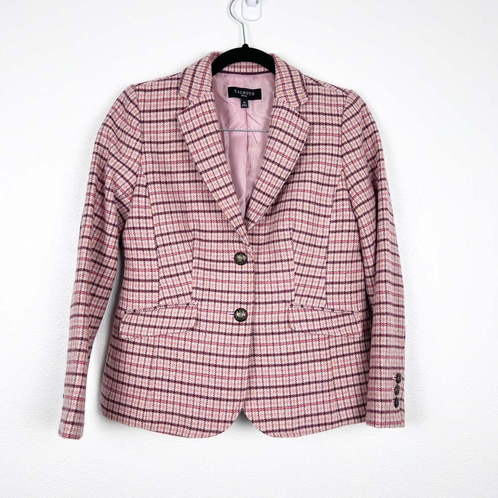 Talbots Womens Wool Blend Plaid Blazer Pink Burgundy 4P